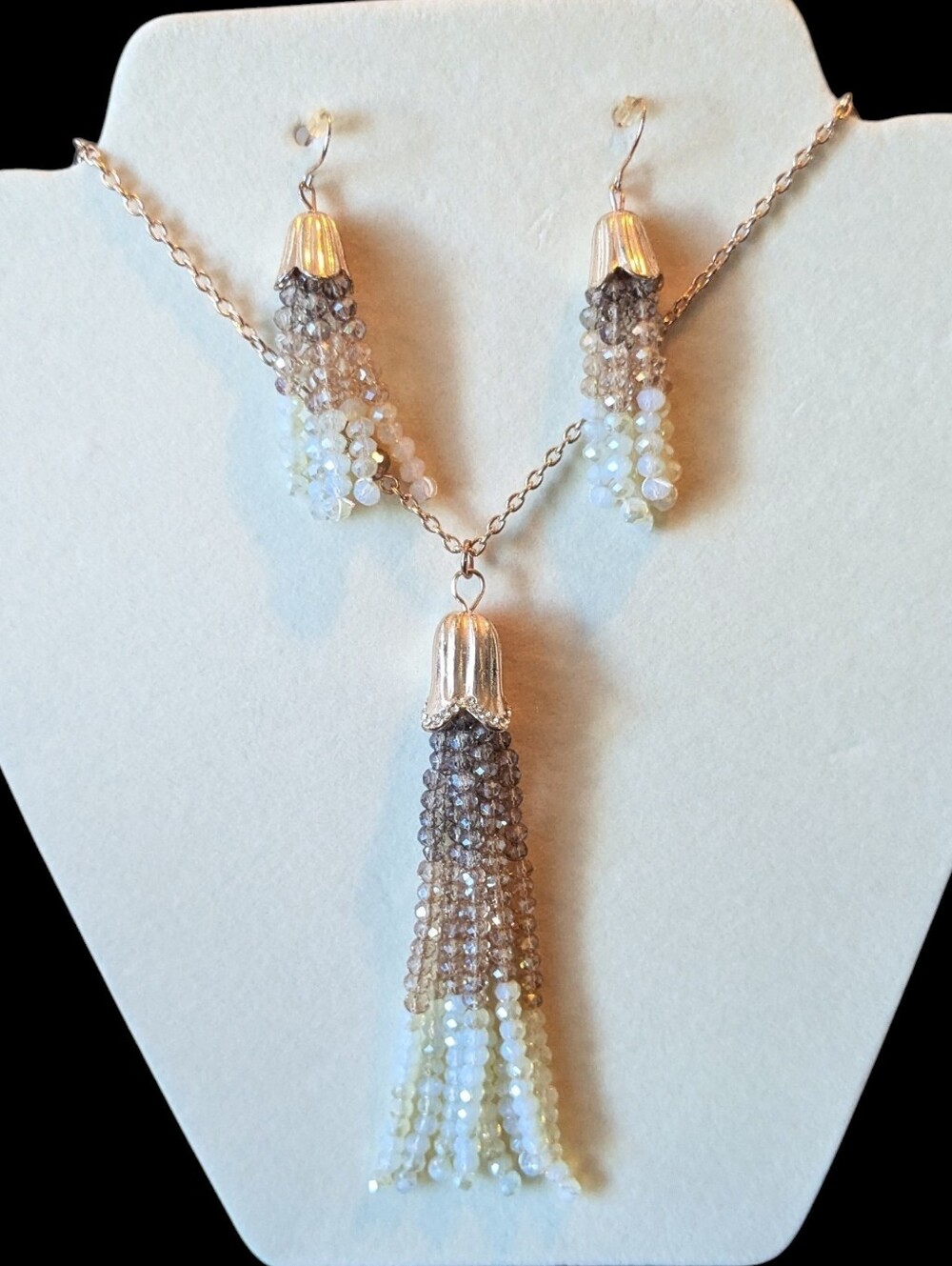 Beaded Tassel Necklace and Earring Set - Ivory Brown Gold